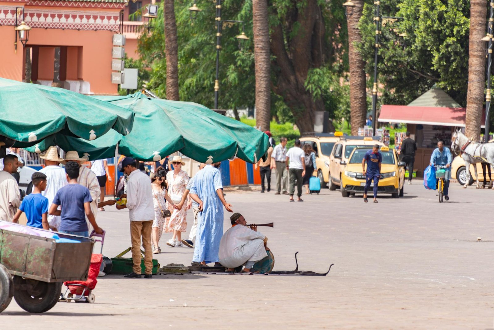 A bustling scene at Jemaa el-Fnaa square in Marrakech with local snake charmers and tourists