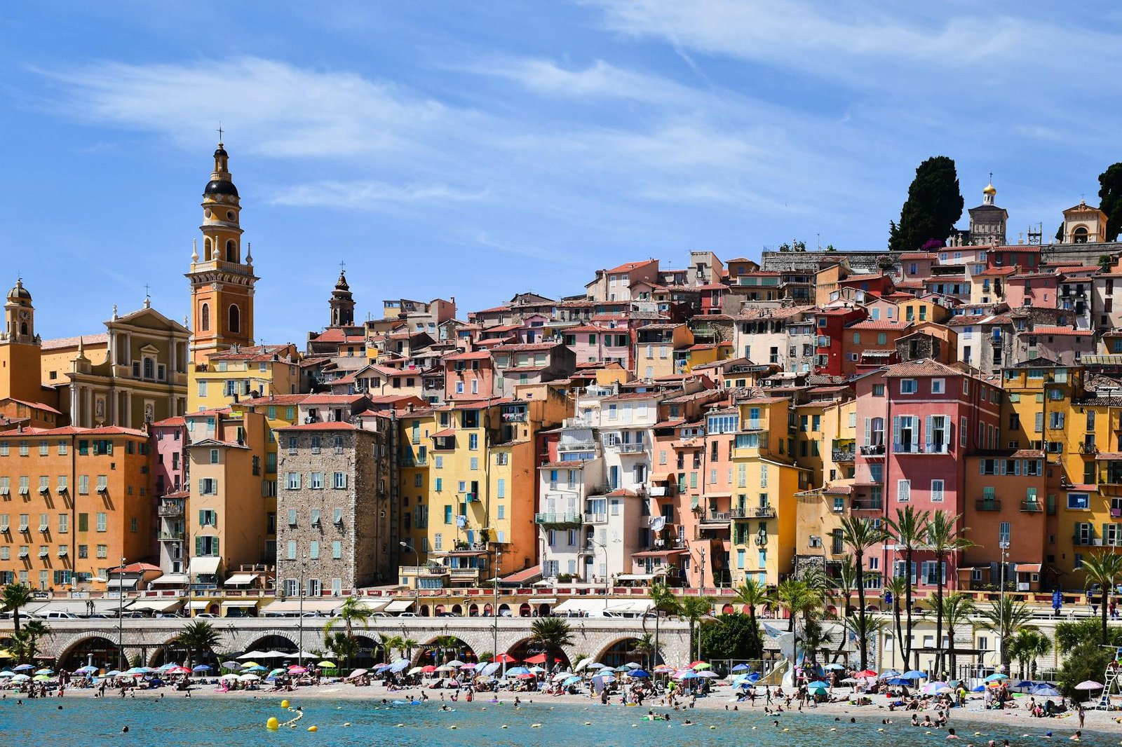 Colorful seaside buildings in Menton, Provence-Alpes-Côte d'Azur, France.