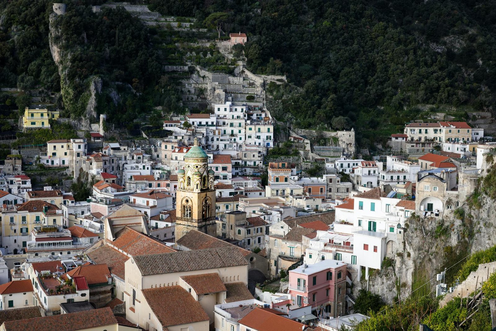 Charming aerial view of Amalfi village showcasing classic Mediterranean architecture.