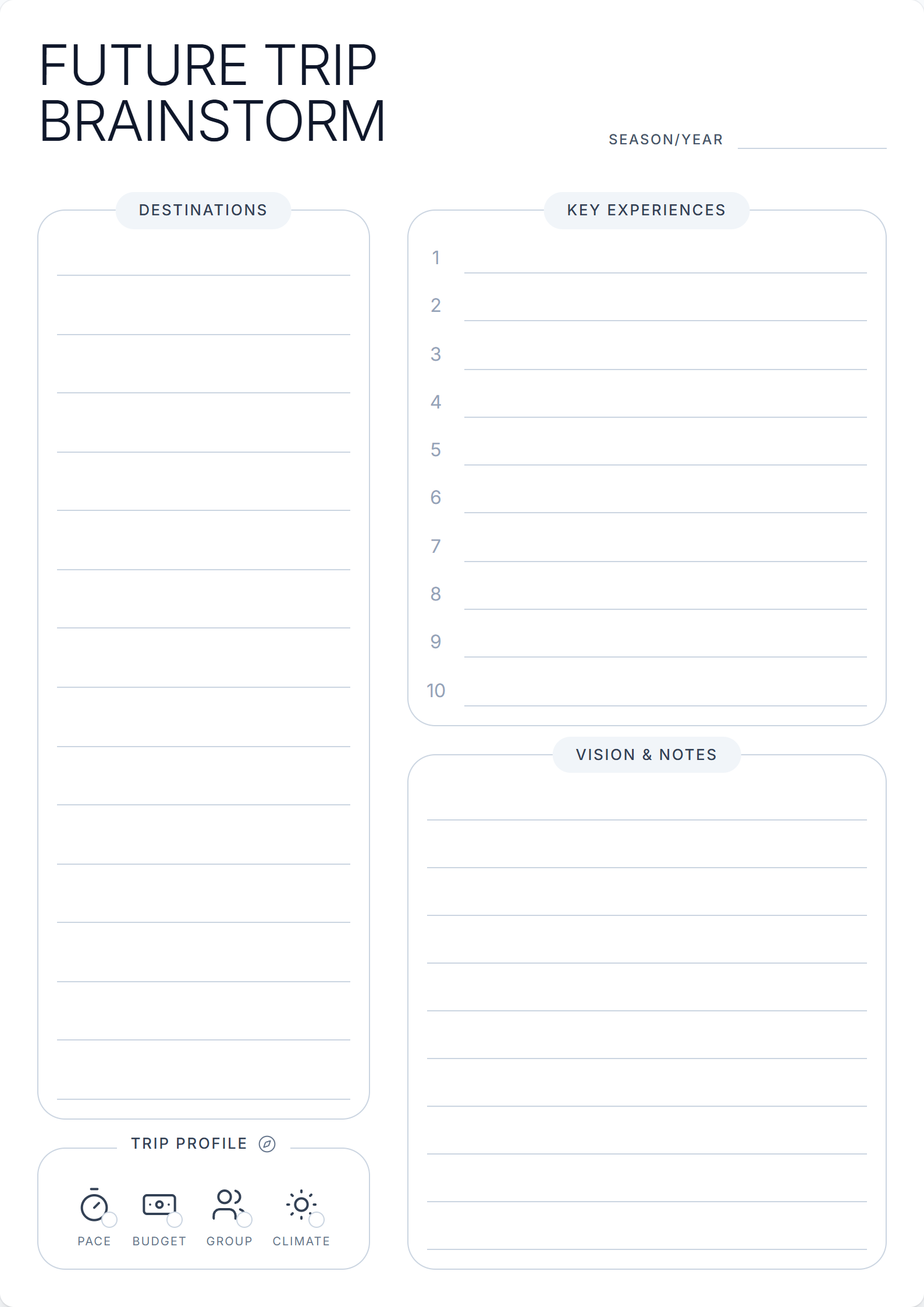 Free printable planner page preview: Future Trip Brainstorming