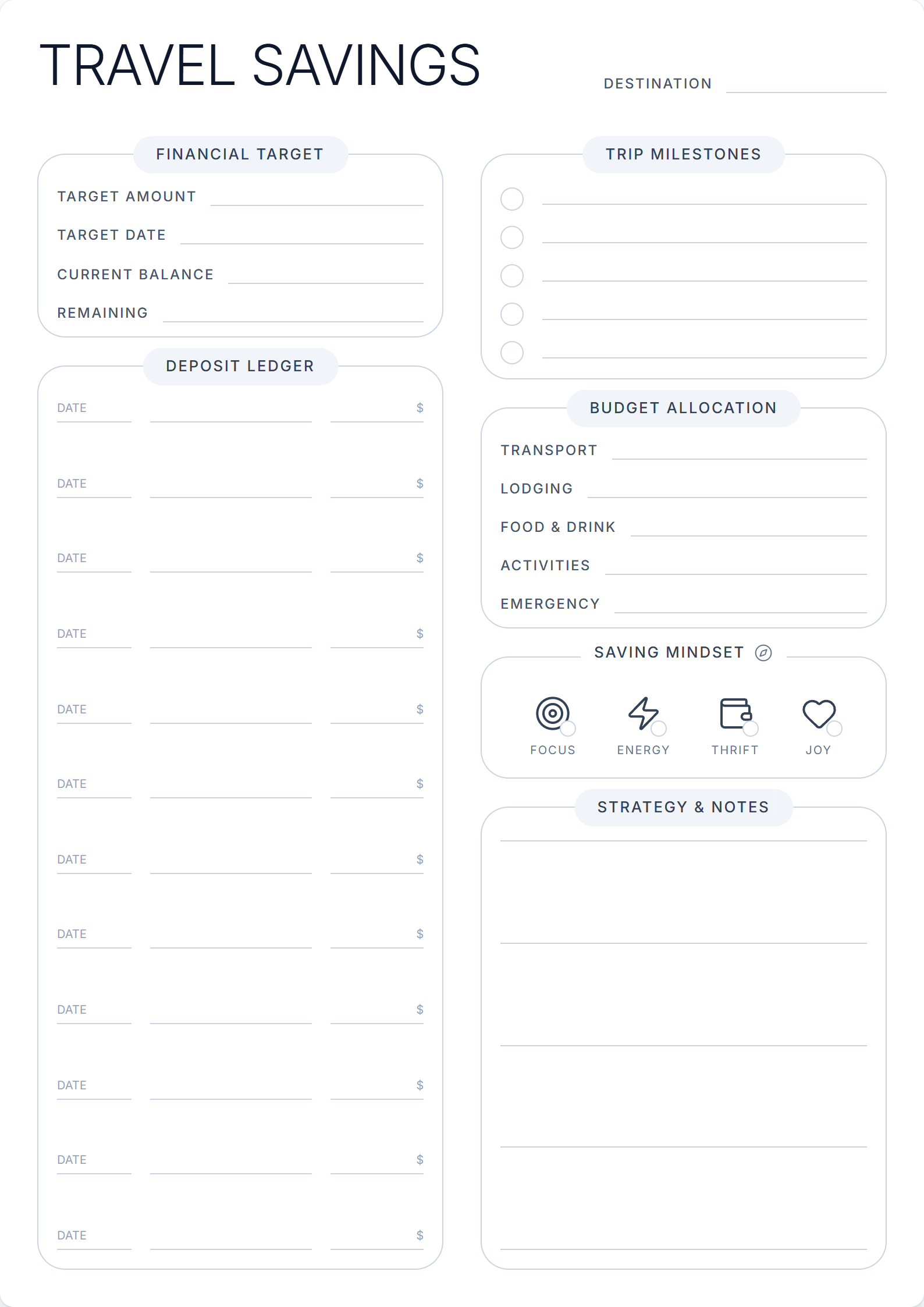 Free printable planner page preview: Travel Savings & Goal Tracker