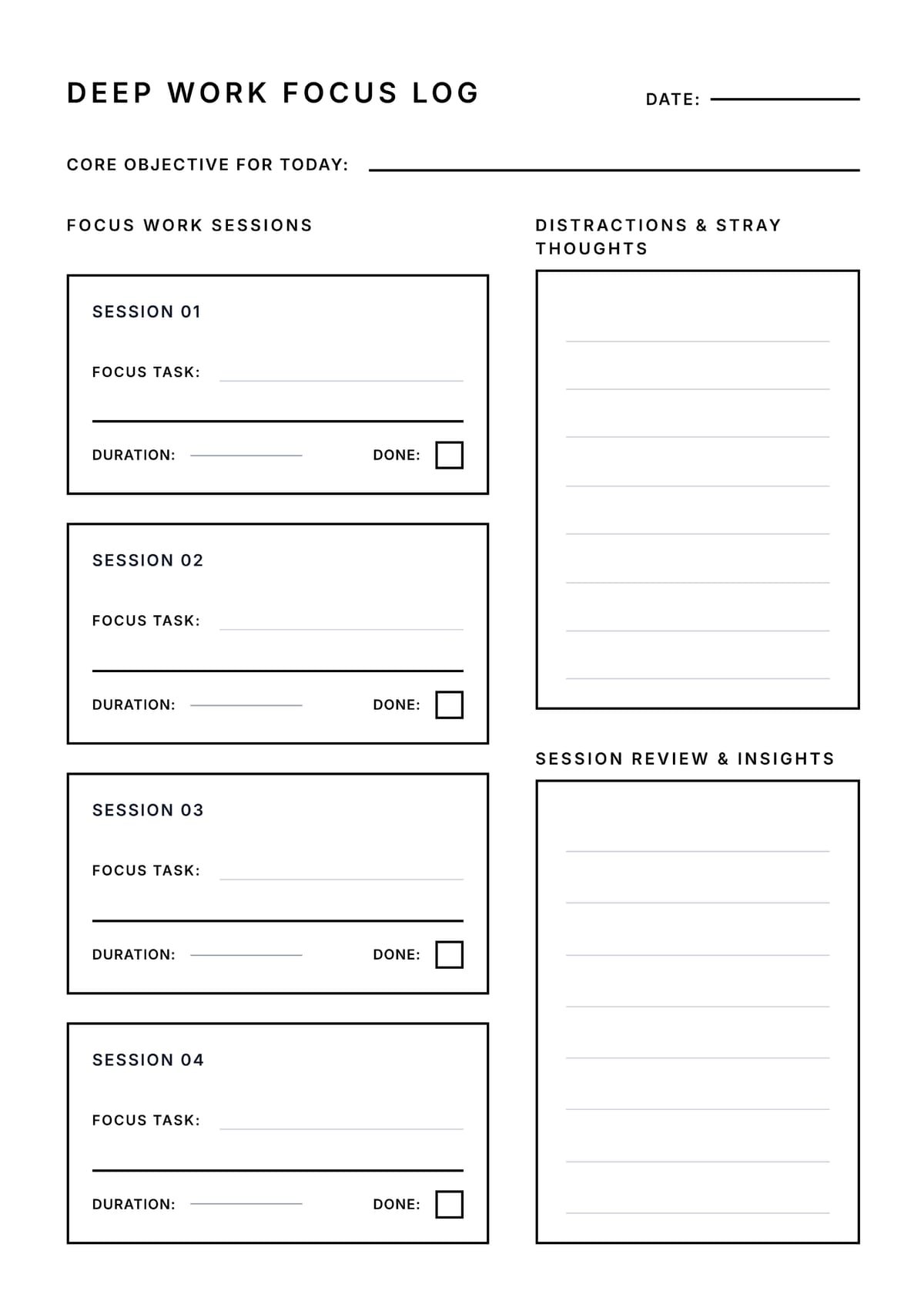 Deep Work Focus Log Layout