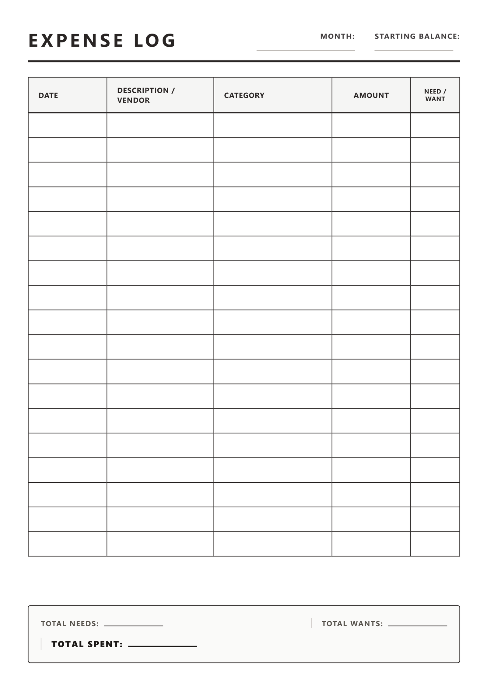 monthly expense log Layout