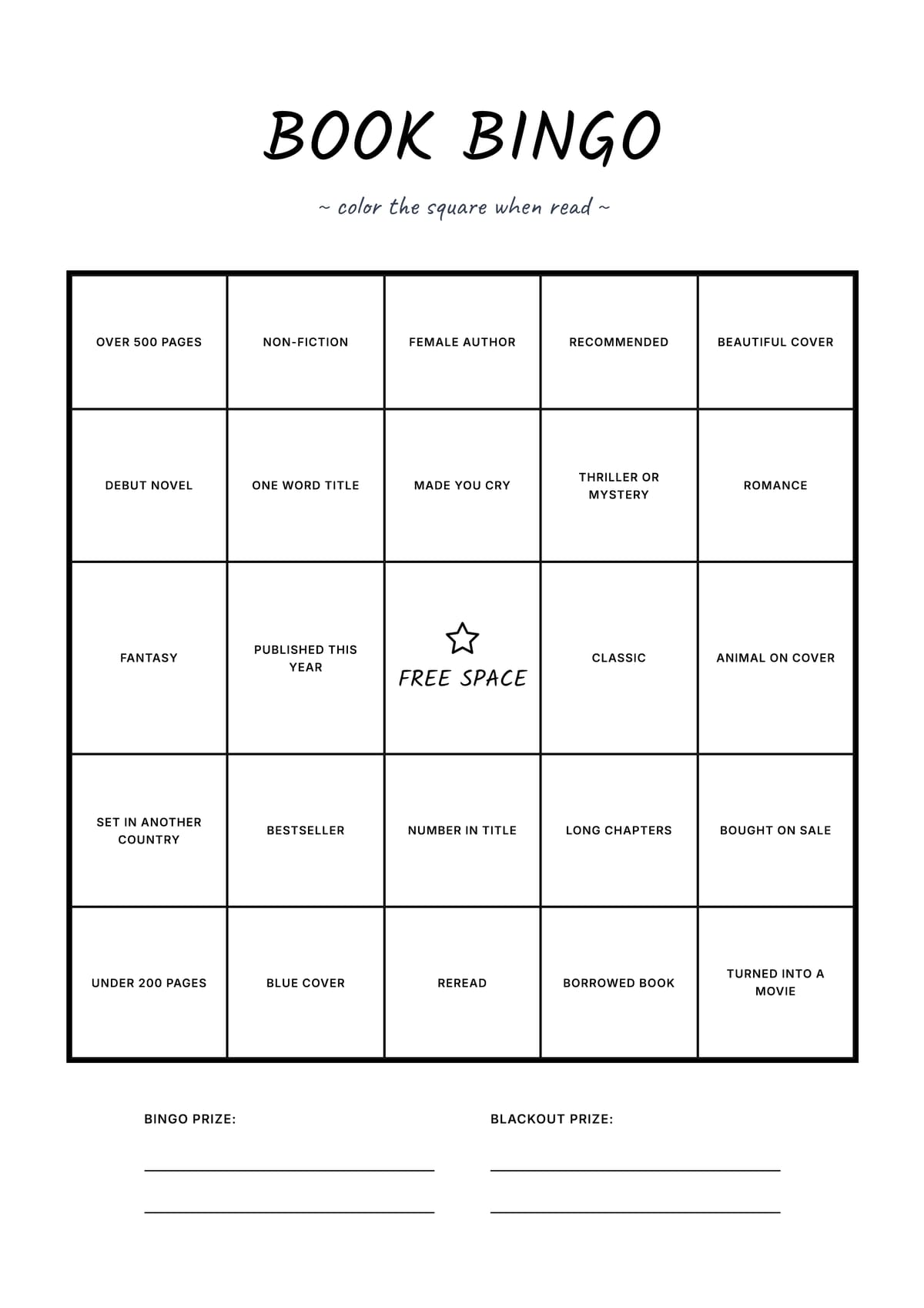 Book Bingo Challenge Layout