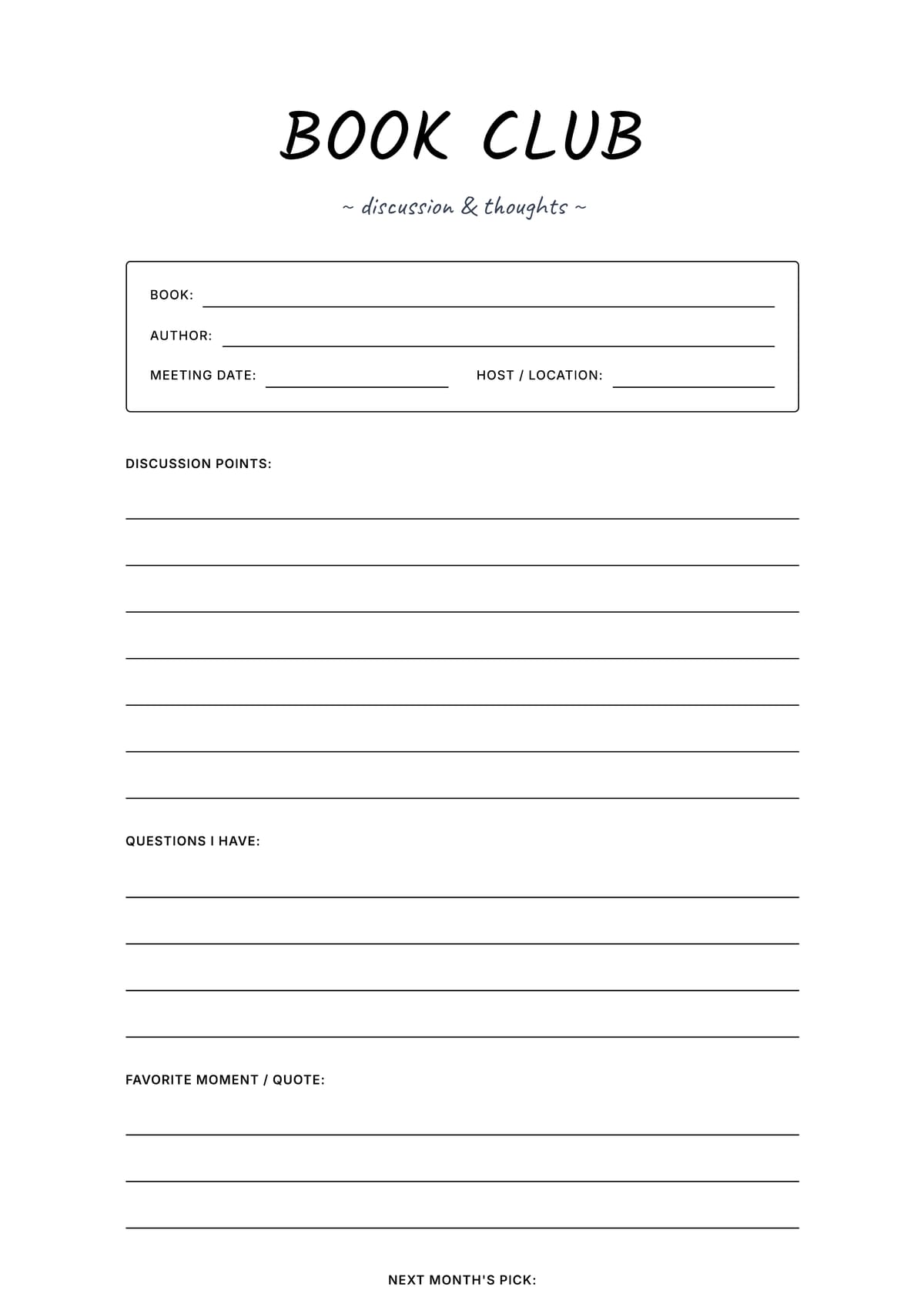 Book Club Planner Page Layout