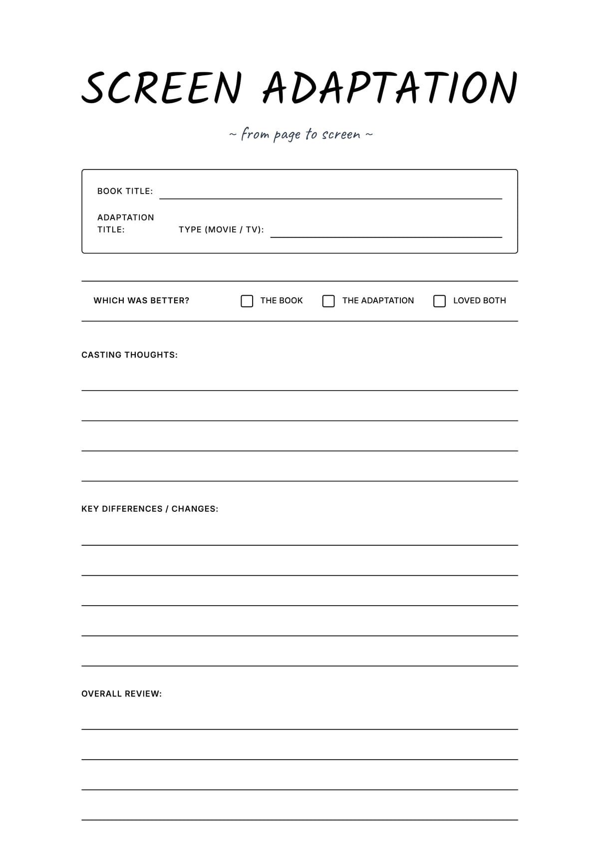 Book to Screen Review Layout