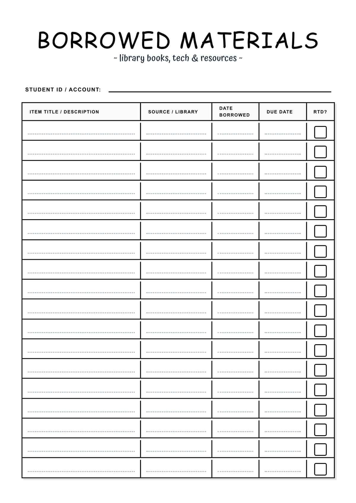 Borrowed Items Tracker Layout