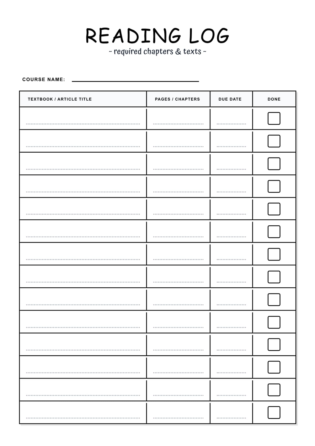 Course Reading Tracker Layout
