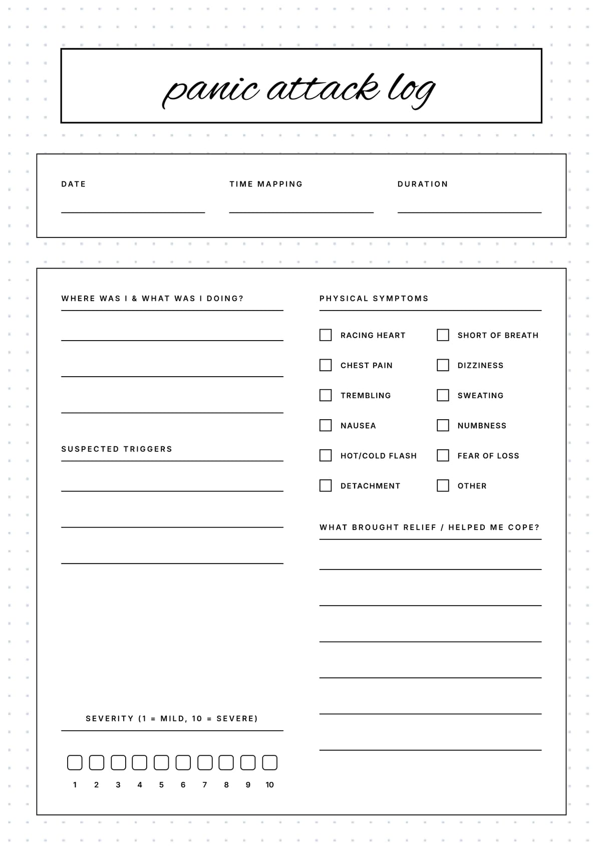 Panic Attack Log Layout