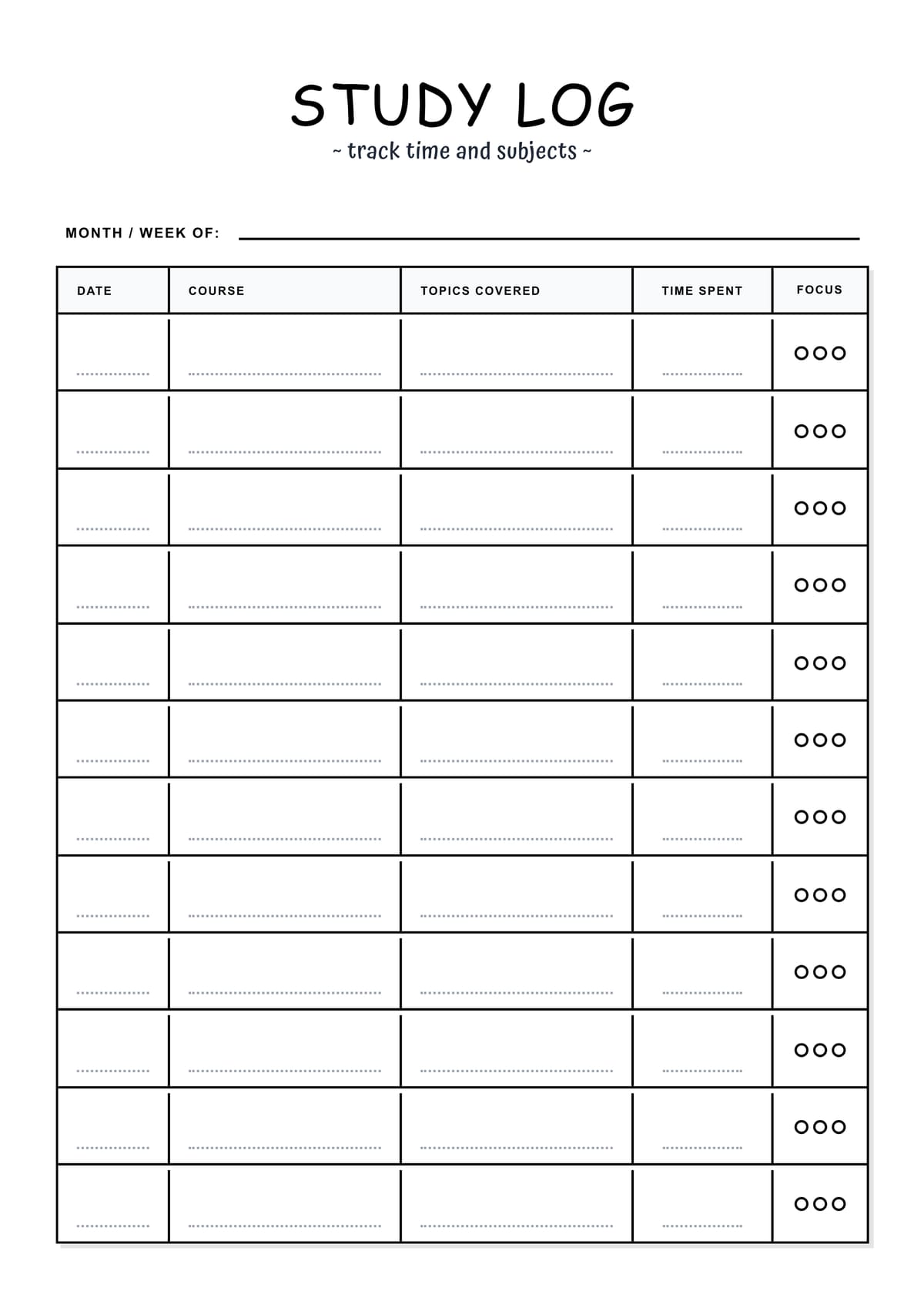 Study Time Log Tracker Layout