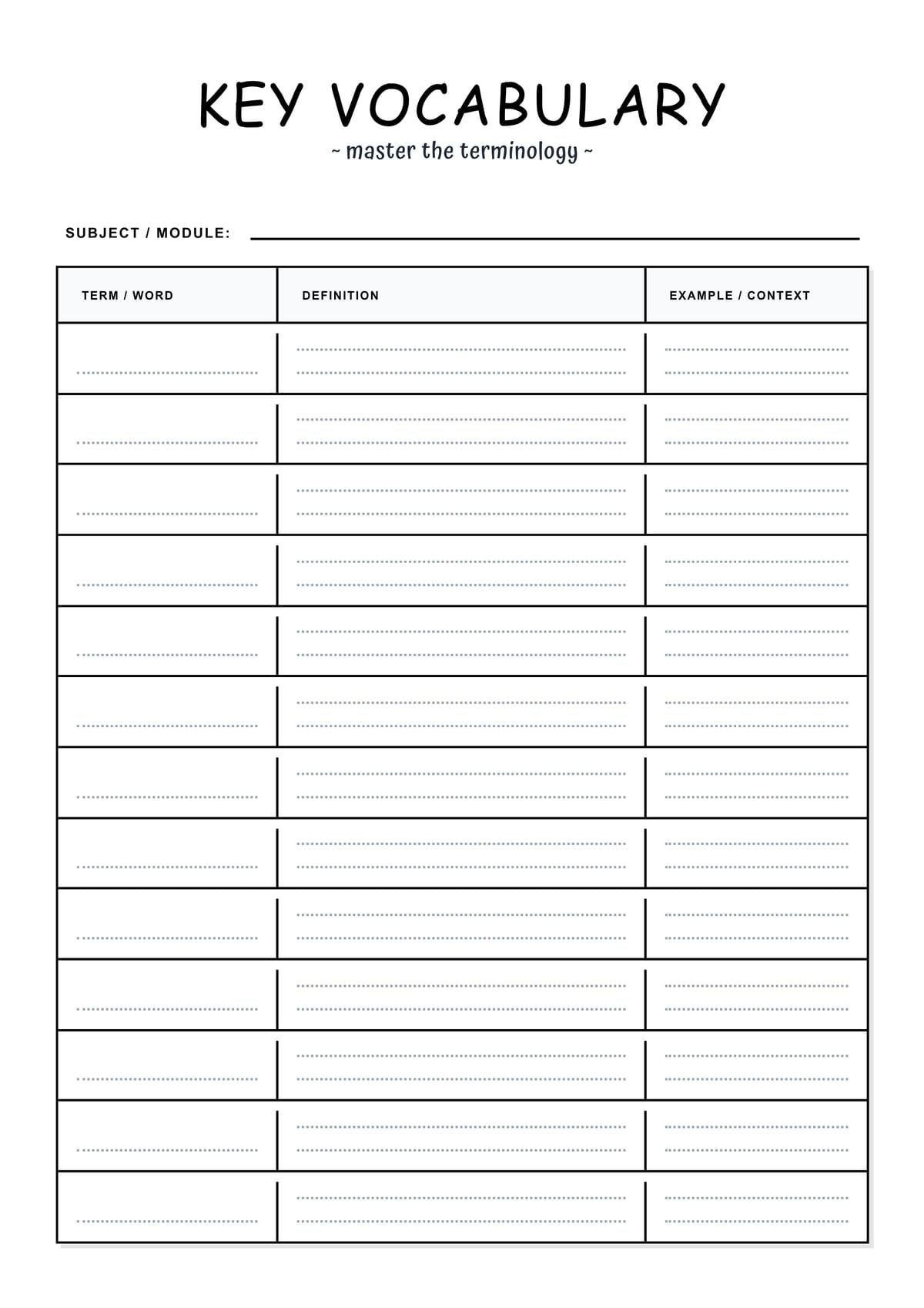 Vocabulary Builder Tracker Layout