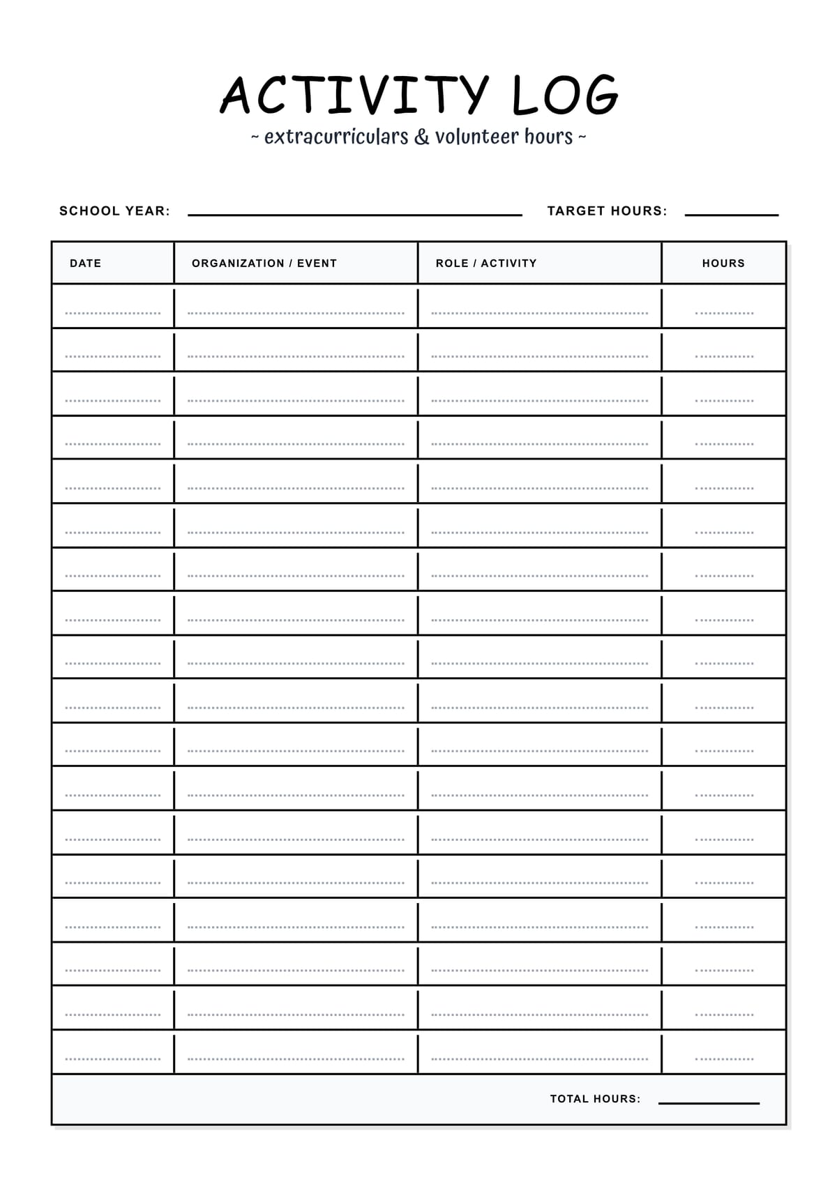 Volunteer Activity Log Layout
