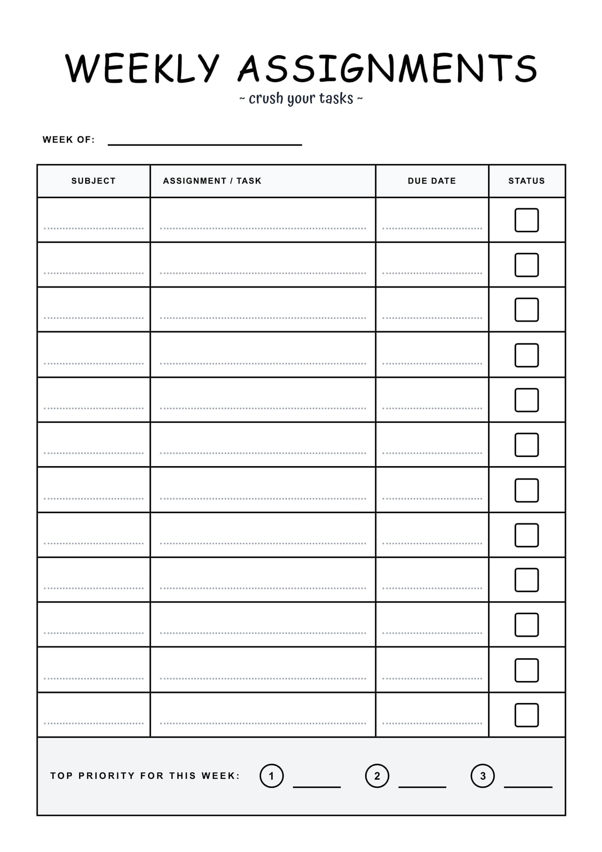 Weekly Task Master Sheet Layout
